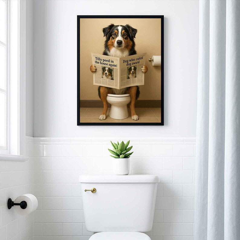 Australian shepherd Bathroom Poster | Dog Reading Newspaper | Dog on Toilet Wall Art | Funny Bathroom Decor | Dog Lover Gift