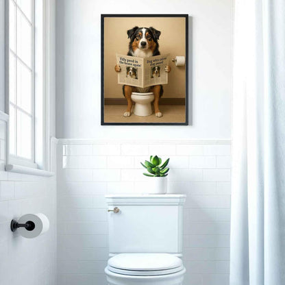 Australian shepherd Bathroom Poster | Dog Reading Newspaper | Dog on Toilet Wall Art | Funny Bathroom Decor | Dog Lover Gift
