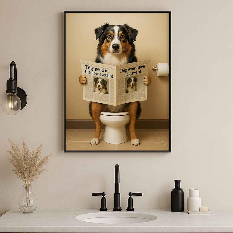 Australian shepherd Bathroom Poster | Dog Reading Newspaper | Dog on Toilet Wall Art | Funny Bathroom Decor | Dog Lover Gift