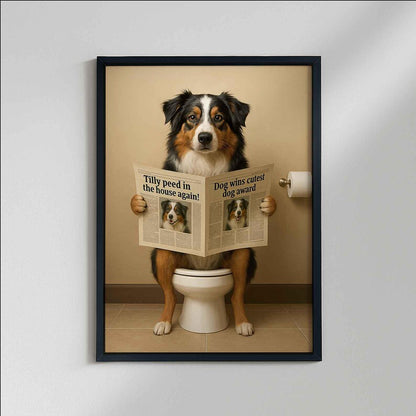 Australian shepherd Bathroom Poster | Dog Reading Newspaper | Dog on Toilet Wall Art | Funny Bathroom Decor | Dog Lover Gift