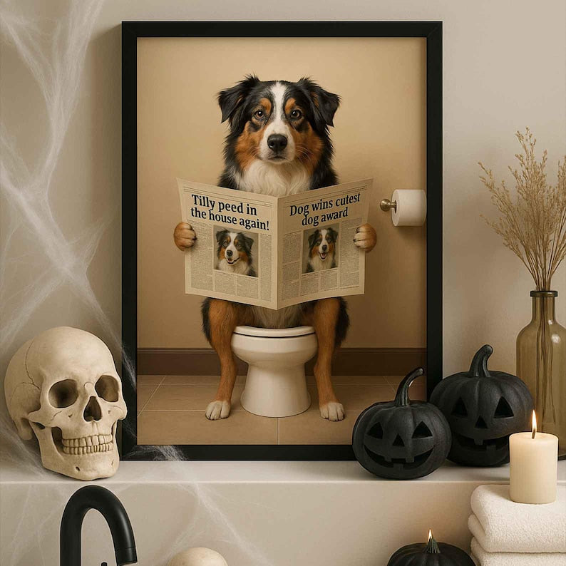 Australian shepherd Bathroom Poster | Dog Reading Newspaper | Dog on Toilet Wall Art | Funny Bathroom Decor | Dog Lover Gift
