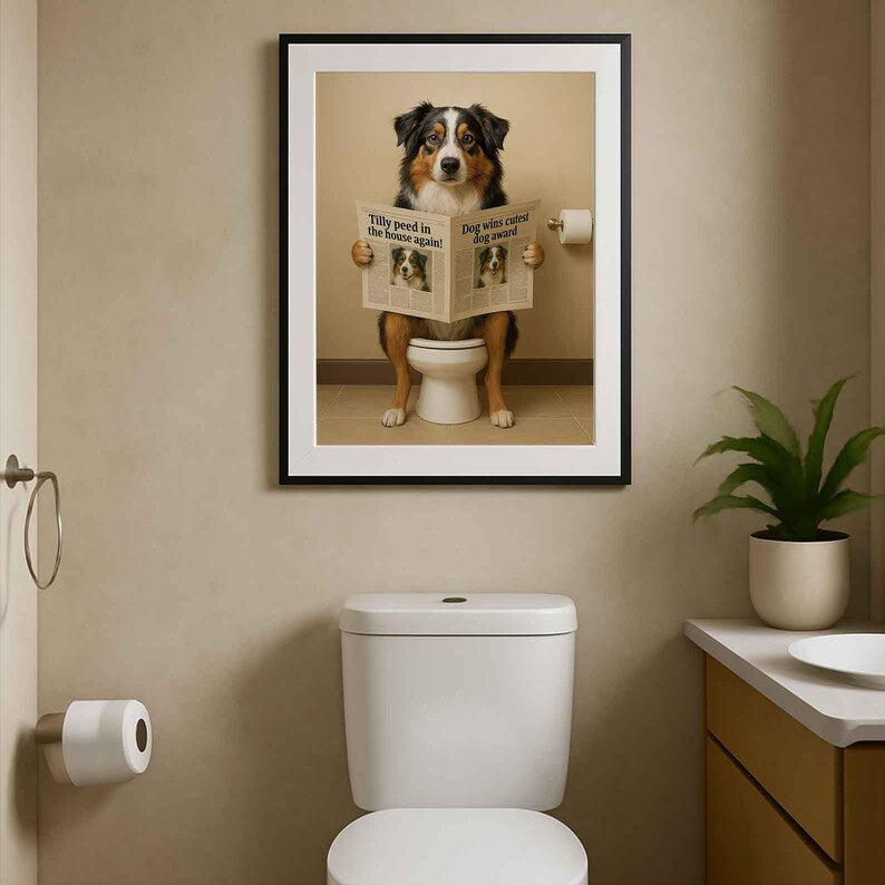 Australian shepherd Bathroom Poster | Dog Reading Newspaper | Dog on Toilet Wall Art | Funny Bathroom Decor | Dog Lover Gift