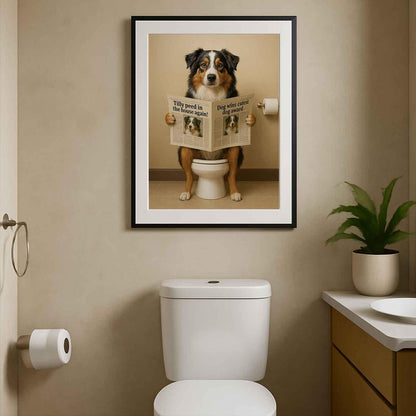 Australian shepherd Bathroom Poster | Dog Reading Newspaper | Dog on Toilet Wall Art | Funny Bathroom Decor | Dog Lover Gift