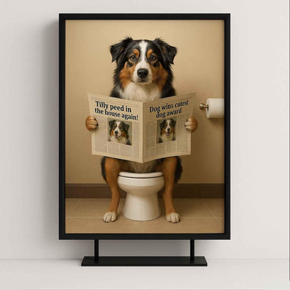 Australian shepherd Bathroom Poster | Dog Reading Newspaper | Dog on Toilet Wall Art | Funny Bathroom Decor | Dog Lover Gift
