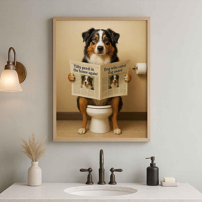 Australian shepherd Bathroom Poster | Dog Reading Newspaper | Dog on Toilet Wall Art | Funny Bathroom Decor | Dog Lover Gift