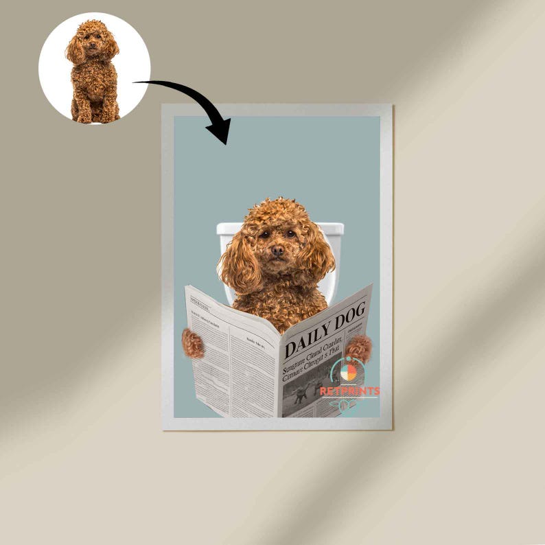 Personalized Pet Poster  Dog in Toilet, Dog Reading Newspaper on Toilet,