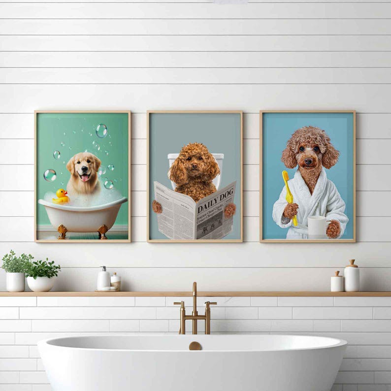 Personalized Pet Poster  Dog in Toilet, Dog Reading Newspaper on Toilet,