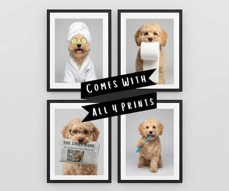 Custom Dog Bathroom Portraits (Set of 4) – Funny Dog Spa Prints - digital file