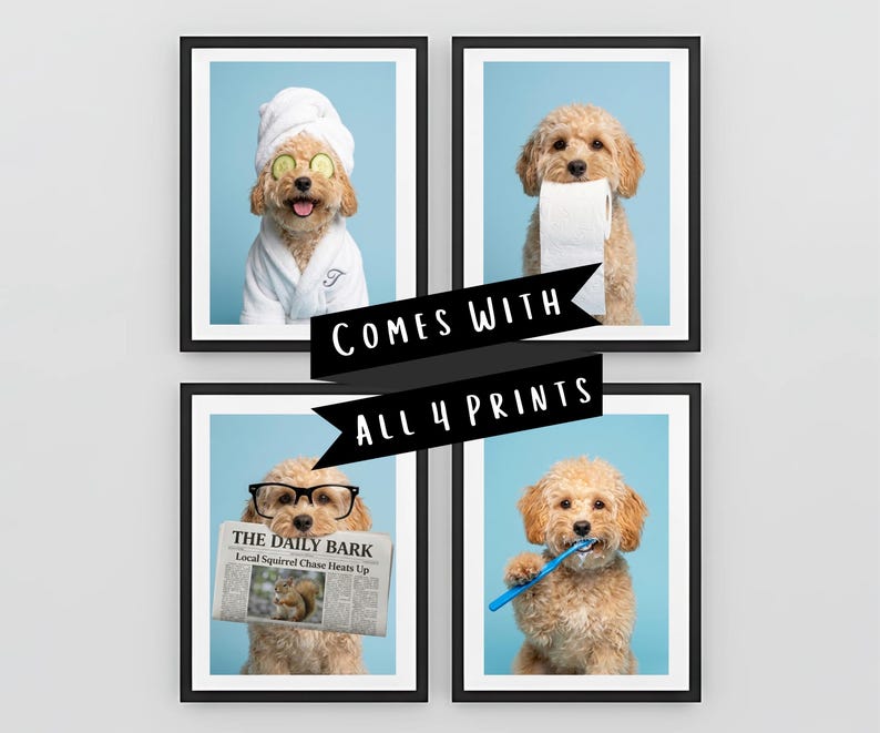 Custom Dog Bathroom Portraits (Set of 4) – Funny Dog Spa Prints - digital file